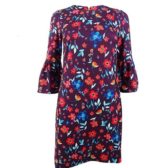 Calvin Klein Women's Floral Bell-Sleeve Dress Burgundy/Poppy Red Size 2 NWT - Picture 4 of 4